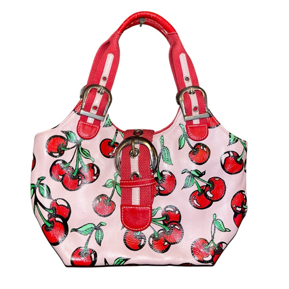 Isabella Fiore Pink Cherry-Print Shoulder Bag with Red Trim